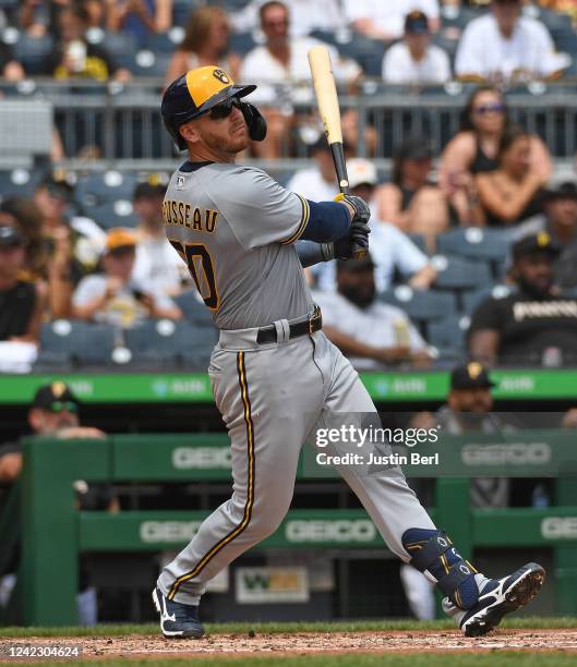 Mike Brosseau of the Milwaukee Brewers hits a two run home run in the fifth inning during the game against the Pittsburgh Pirates at PNC Park on...