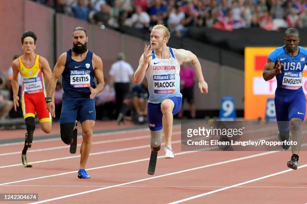 Jonnie Peacock of Great Britain competing in heat one of the men's 100 metres T44 during the World Para Athletics Championships at the London Stadium...