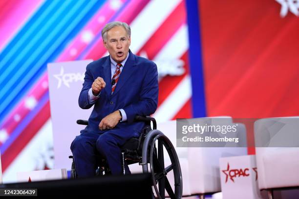 Greg Abbott, governor of Texas, speaks during the Conservative Political Action Conference in Dallas, Texas, US, on Thursday, Aug. 4, 2022. The...