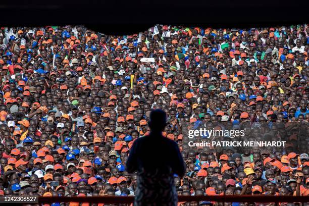 Kenya's former vice president Stephen Kalonzo Musyoka delivers a speech during a campaign rally of Azimio La Umoja Party in Jomo Kenyatta...