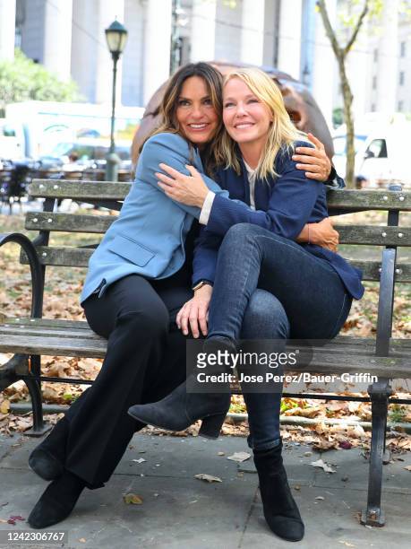 Mariska Hargitay and Kelli Giddish are seen on the set of 'Law and Order: Special Victims Unit' on August 04, 2022 in New York City.