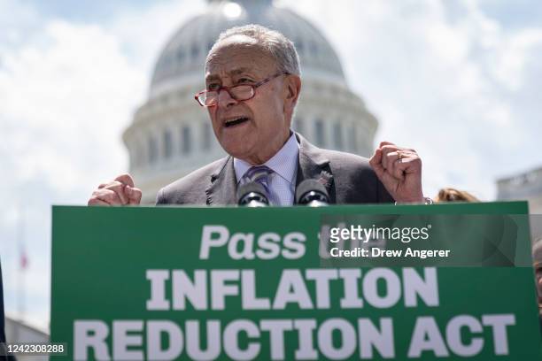 Senate Majority Leader Chuck Schumer speaks during a news conference about the Inflation Reduction Act outside the U.S. Capitol on August 4, 2022 in...