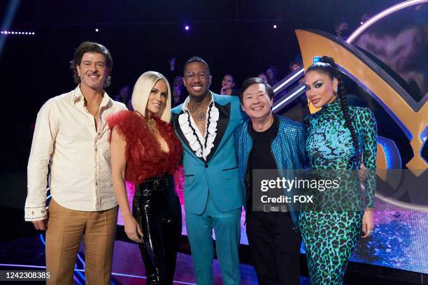 Robin Thicke, Jenny McCarthy, Nick Cannon, Ken Jeong and Nicole Scherzinger in THE MASKED SINGER episode airing Wed. March 16 on FOX.