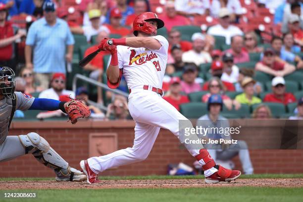 Lars Nootbaar of the St. Louis Cardinals hits a walk-off single against the Chicago Cubs in the ninth inning in game one of a double header at Busch...