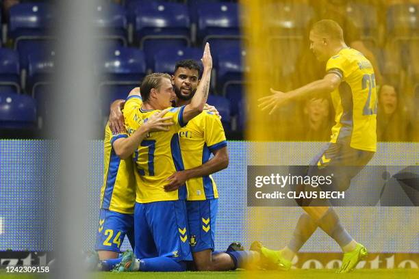 Brondby's Swedish forward Simon Hedlund and Brondby's Tunisian midfielder Anis Slimane celebrate a goal during the UEFA Europa Conference League...