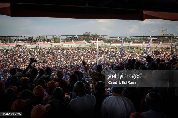 Kenya's Azimio La Umoja Party presidential candidate Raila Odinga, addresses the crowd during a campaign rally in Jomo Kenyatta International Stadium...