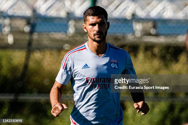 Houssem Aouar of Lyon warming up during the Training Session at Groupama OL Training Center on August 3, 2022 in Lyon, France.