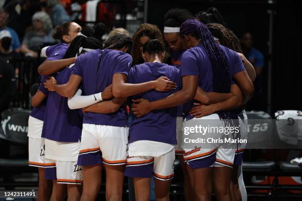 The Phoenix Mercury huddle up before the game against the Connecticut Sun on August 4, 2022 at Mohegan Sun Arena in Uncasville, Connecticut. NOTE TO...