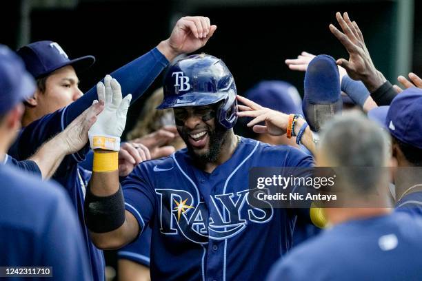 Yandy Diaz of the Tampa Bay Rays celebrates after scoring a run against the Detroit Tigers during the top of the third inning at Comerica Park on...