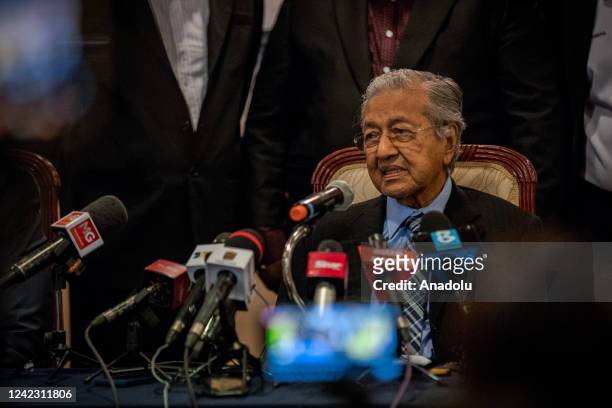 Mahathir Mohammad, former prime minister of Malaysia gives a speech during a press conference announcing the establishment of the "Gerakan Tanah Air"...