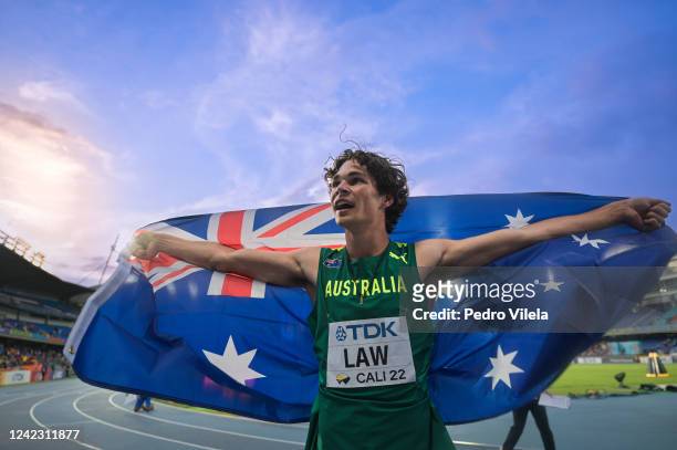 Calab Law of Team Australia celebrates finishing 3rd in the men's 200m final on day four of the Cali 2022 U20 World Athletics World Championships at...