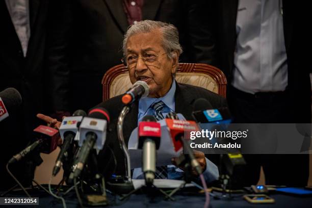 Mahathir Mohammad, former prime minister of Malaysia gives a speech during a press conference announcing the establishment of the "Gerakan Tanah Air"...