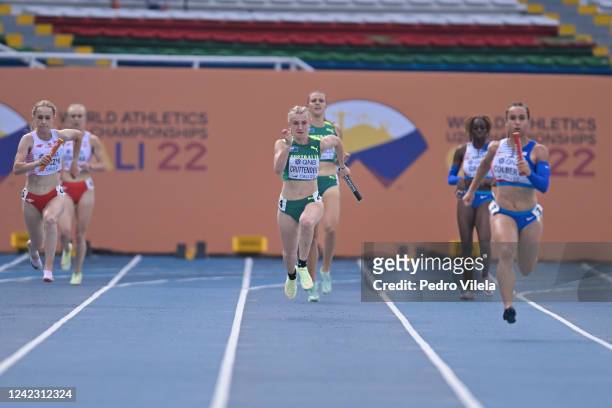 Taylah Cruttenden of Team Australia competes in the Womens 4×100m on day four of the World Athletics U20 Championships Cali 2022 at Pascual Guerrero...