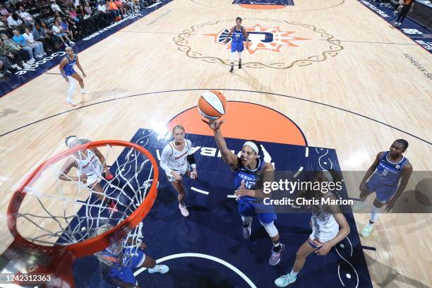 Brionna Jones of the Connecticut Sun drives to the basket during the game against the Phoenix Mercury on August 4, 2022 at Mohegan Sun Arena in...