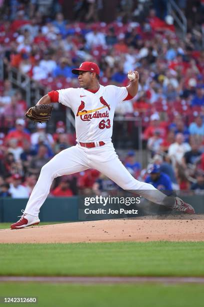 Jose Quintana of the St. Louis Cardinals pitches against the Chicago Cubs in the first inning in game two of a double header at Busch Stadium on...