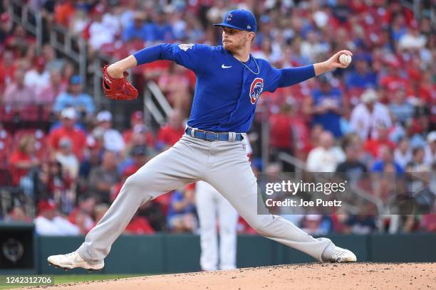 Sean Newcomb of the Chicago Cubs pitches against the St. Louis Cardinals in the first inning in game two of a double header at Busch Stadium on...