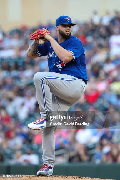 Alek Manoah of the Toronto Blue Jays delivers a pitch against the Minnesota Twins in the first inning of the game at Target Field on August 4, 2022...