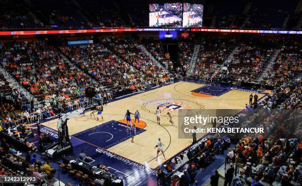 View of the women's basketball game Phoenix Mercury against the Connecticut Sun at Mohegan Sun Arena in Uncasville, Connecticut on August 4, 2022. -...
