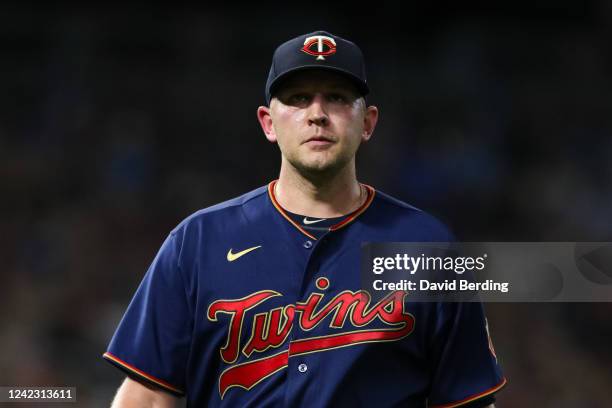 Tyler Duffey of the Minnesota Twins looks on after pitching to the Toronto Blue Jays in the eighth inning of the game at Target Field on August 4,...