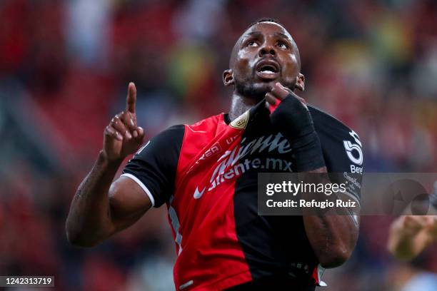 Julian Quiñones of Atlas celebrates after scoring his team's third goal during the 7th round match between Atlas and Queretaro as part of the Torneo...