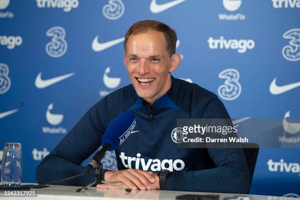 Thomas Tuchel of Chelsea during a press conference at Chelsea Training Ground on August 5, 2022 in Cobham, England.