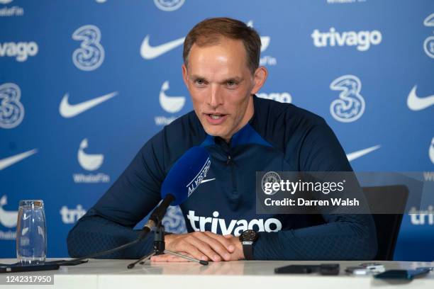 Thomas Tuchel of Chelsea during a press conference at Chelsea Training Ground on August 5, 2022 in Cobham, England.