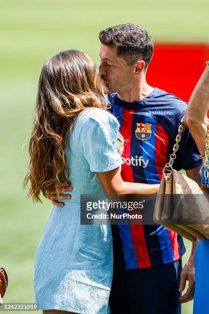 Barcelona's new poland striker Robert Lewandowski during his presentation ceremony with his girlfriend Anna Lewandowska at the Spotify Camp Nou...