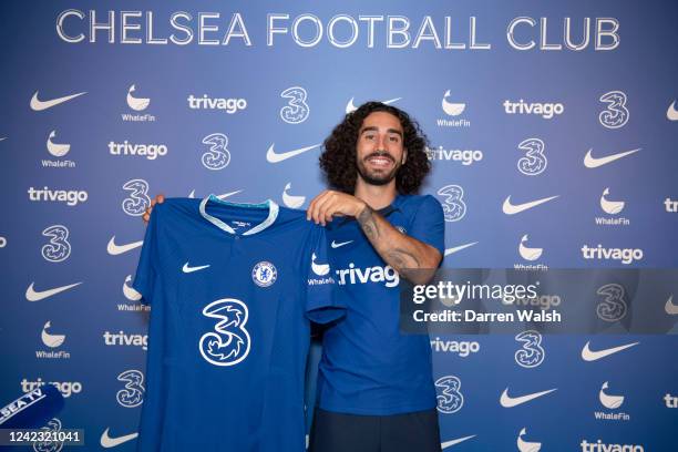 Marc Cucurella of Chelsea during his unveiling at Chelsea Training Ground on August 5, 2022 in Cobham, England.