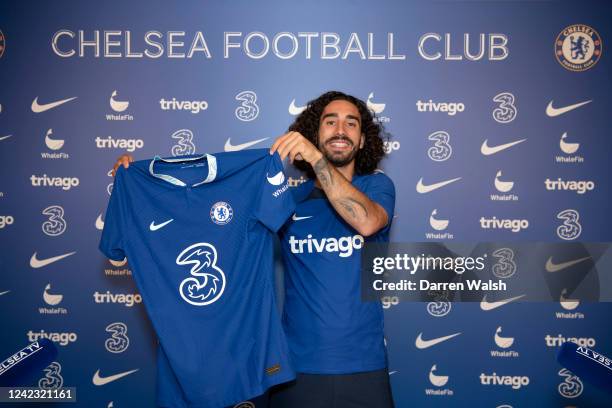 Marc Cucurella of Chelsea during his unveiling at Chelsea Training Ground on August 5, 2022 in Cobham, England.