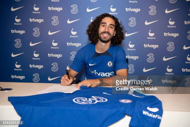 Marc Cucurella of Chelsea during his unveiling at Chelsea Training Ground on August 5, 2022 in Cobham, England.