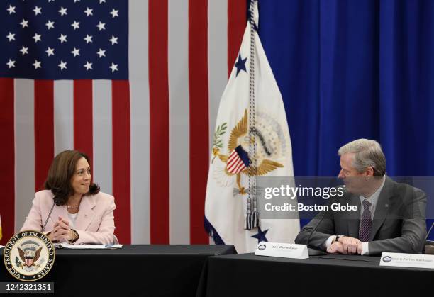 Boston, MA Vice President Kamala Harris listens as Governor Charlie Baker speaks during a roundtable with Mass lawmakers to discuss the fight to...