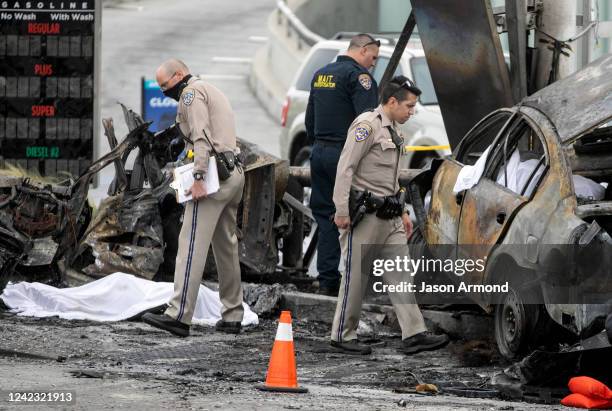 And other officials investigate a fiery crash where multiple people were killed near a Windsor Hills gas station at the intersection of West Slauson...