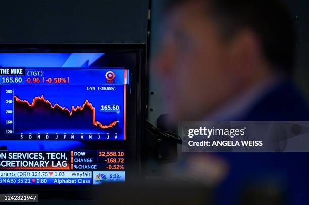 Trader works on the floor of the New York Stock Exchange at the opening bell on August 5, 2022 at Wall Street in New York City. - Stock markets slid...