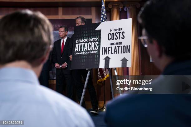 Republican poster about energy policy and inflation during a news conference at the U.S. Capitol in Washington, D.C., US, on Friday, Aug. 5, 2022....