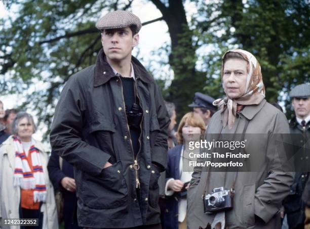 Queen Elizabeth II with her son Prince Andrew at the Badminton Horse Trials in Badminton, England in April, 1983.
