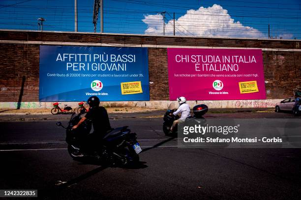General view shows of election posters of Democratic Party on display on August 05, 2022 in Rome, Italy.
