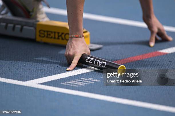 Detail of the stick used in the 4x400m on the fifth day of the 2022 Cali World Under-20 Athletics Championships at the Pascual Guerrero stadium on...