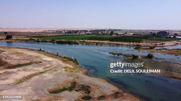 An aerial picture taken by drone on August 5 shows a general view ofthe Euphrates river in low water levels in the western country side of Raqa on...
