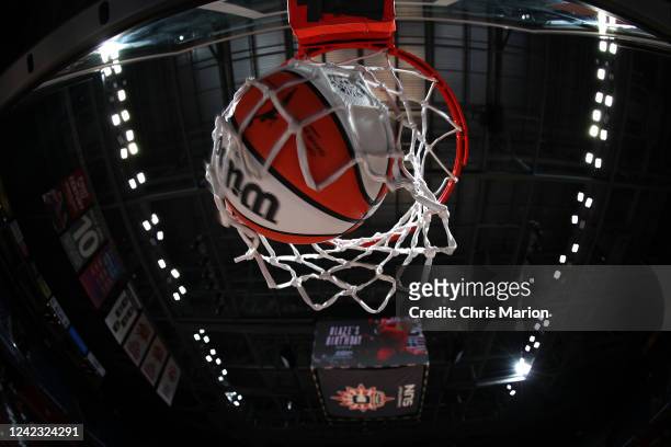 Detail photograph of a Wilson Game Ball during the game between the Chicago Sky and the against the Connecticut Sun on July 31, 2022 at Mohegan Sun...