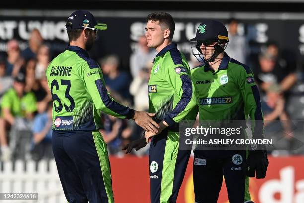 Ireland's Gareth Delaney celebrates with teammates after bowling South Africa's Reeza Hendricks during the second T20 international cricket match...