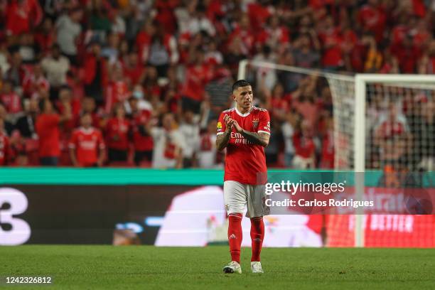 Enzo Fernandez of SL Benfica celebrates scoring SL Benfica third goal during the Liga Portugal Bwin match between SL Benfica and FC Arouca at Estadio...