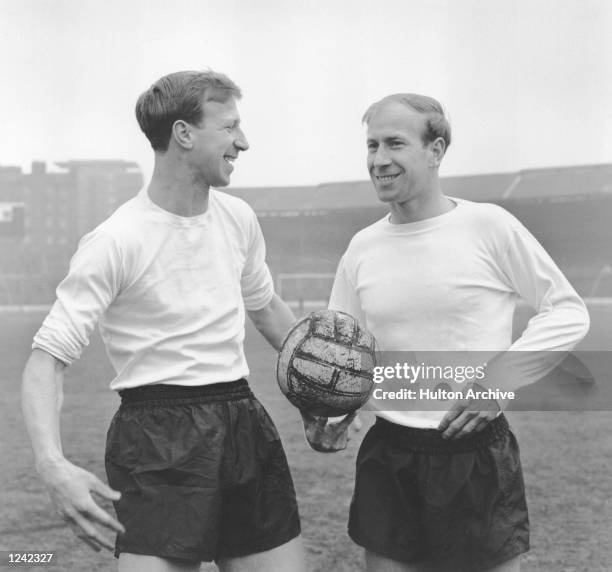 Jack Charlton with brother Bobby during an England training session at Stamford Bridge. Mandatory Credit: Allsport Hulton/Archive