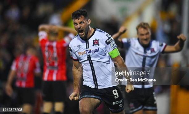 Louth , Ireland - 5 August 2022; Patrick Hoban of Dundalk celebrates after scoring his side's first goal during the SSE Airtricity League Premier...