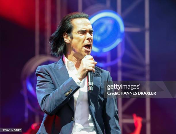 Australian musician Nick Cave performs during a concert of his band 'Nick Cave & The Bad Seeds' in front of the audience at Clam Castle, Klam,...