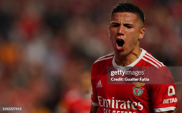 Enzo Fernandez of SL Benfica celebrates after scoring a goal during the Liga Portugal Bwin match between SL Benfica and FC Arouca at Estadio da Luz...