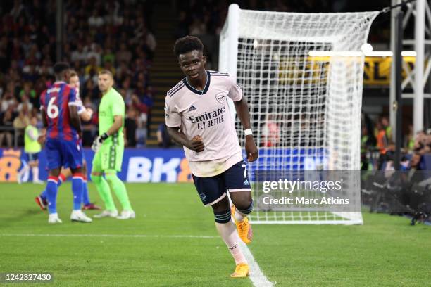 Bukayo Saka of Arsenal celebrates scoring the 2nd goal during the Premier League match between Crystal Palace and Arsenal FC at Selhurst Park on...