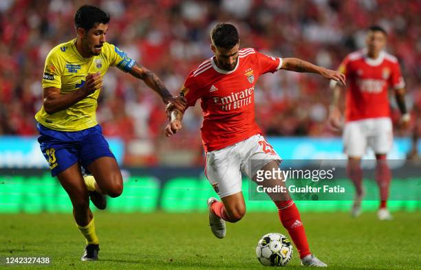 Rafa Silva of SL Benfica with Joao Basso of FC Arouca in action during the Liga Portugal Bwin match between SL Benfica and FC Arouca at Estadio da...