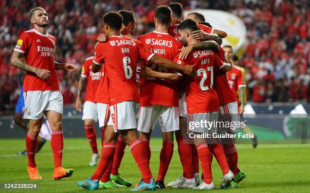 Rafa Silva of SL Benfica celebrates with teammates after scoring a goal during the Liga Portugal Bwin match between SL Benfica and FC Arouca at...