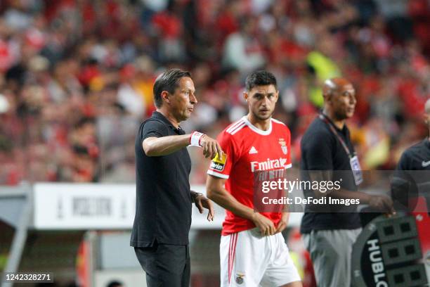 Roger Schmidt of SL Benfica, Roman Yaremchuk of SL Benfica gestures during the Liga Portugal Bwin match between SL Benfica and FC Arouca at Estadio...