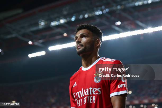 Goncalo Ramos of SL Benfica thanks the SL Benfica supporters during the Liga Portugal Bwin match between SL Benfica and FC Arouca at Estadio do Sport...